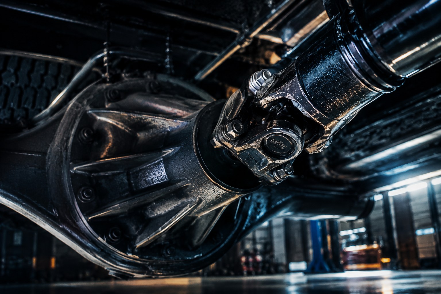 Close-up of a propshaft and universal joint fitted beneath a vehicle